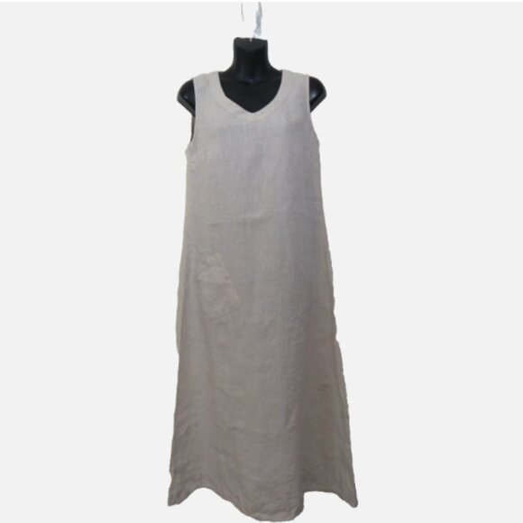 Flax Jeanne Engelhart size Small Sleeveless Linen Midi Dress Neutral Tan Pocket - Picture 1 of 7